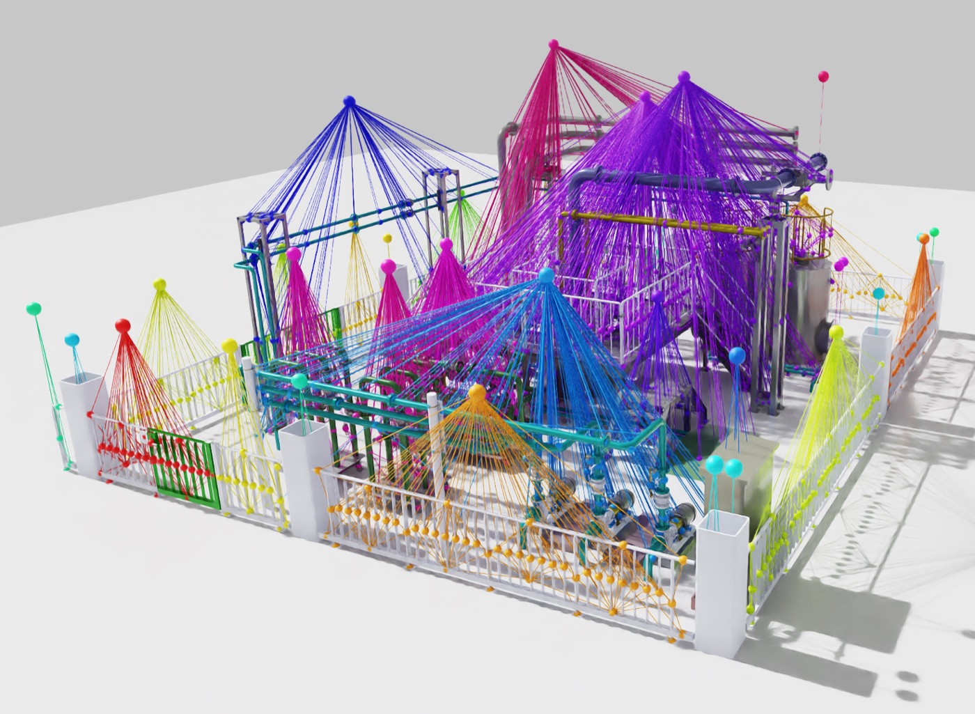 3D scene graph visualisation of a CAD industrial environment, with semantic nodes and relations overlaid on plant structures.